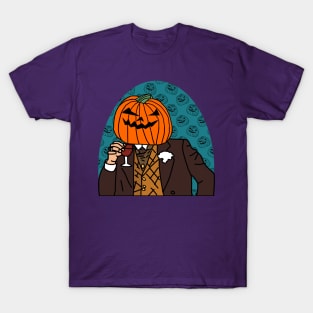 Pumpkin Head Drinking Wine Halloween Horror Portrait T-Shirt